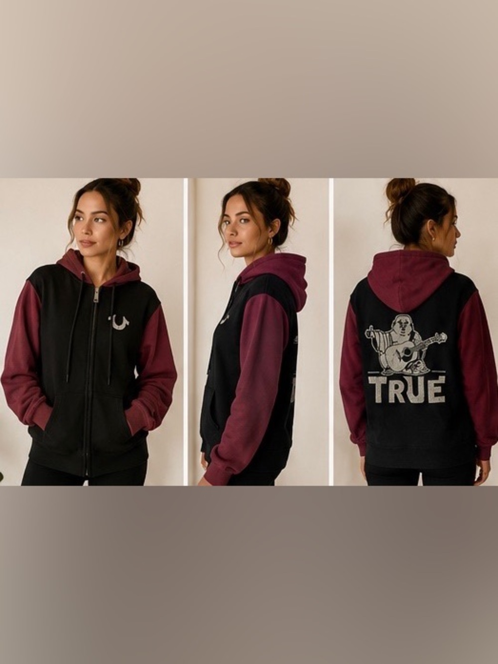 True Religion Black and Burgundy Two-Tone Zip Hoodie